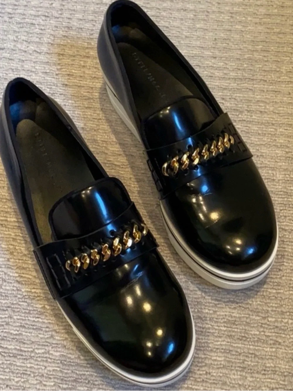 Stella McCartney Black Patent Platform Loafers with Gold Chain
